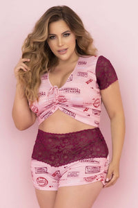 Mapale 7414x Set Pajama en deux pièces. Haut et short couleur rose-burgody