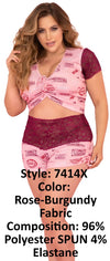 Mapale 7414X Two Piece Pajama Set. Top and Shorts Color Rose-Burgundy